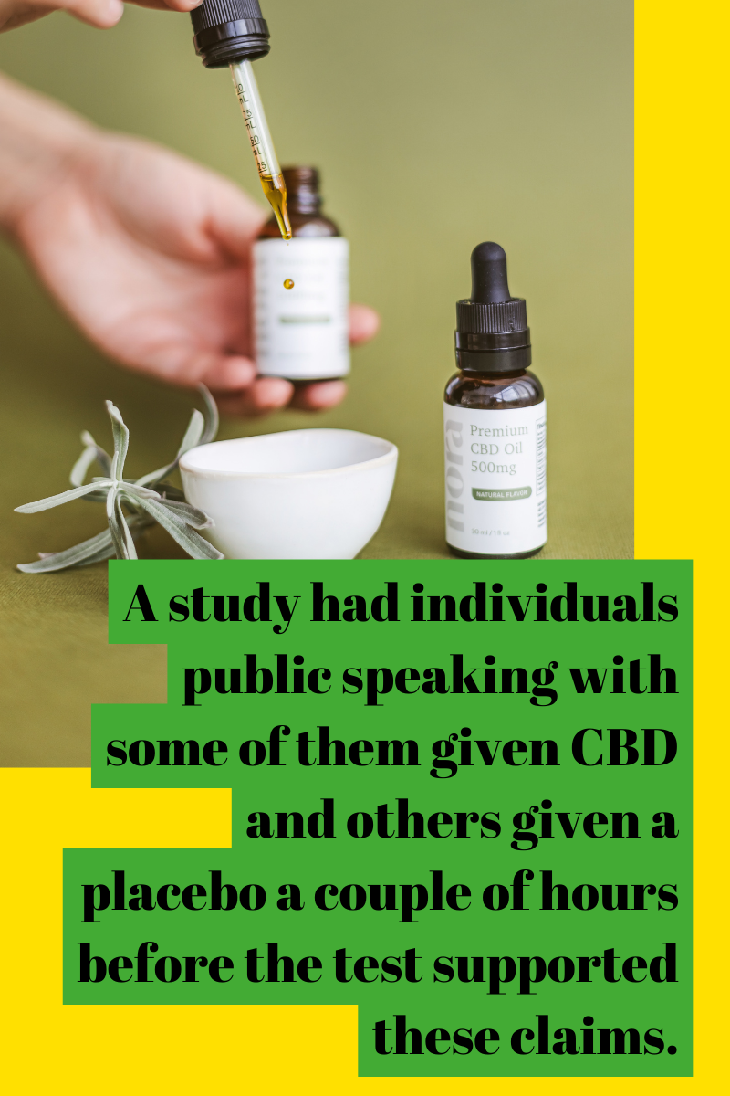  study had individuals public speaking with some of them given CBD and others given a placebo a couple of hours before the test supported these claims.