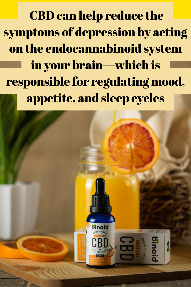  CBD can help reduce the symptoms of depression by acting on the endocannabinoid system in your brain—which is responsible for regulating mood, appetite, and sleep cycles