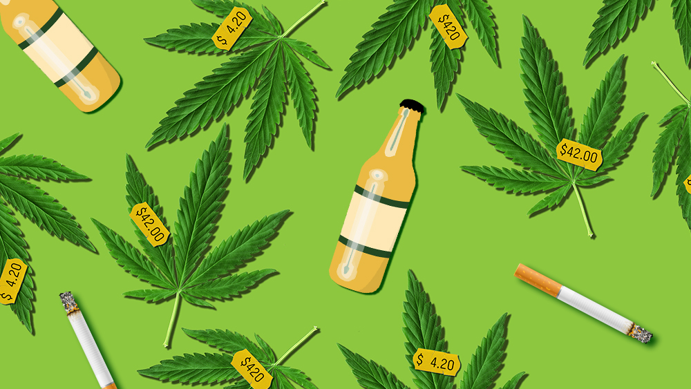 Illustration collage of beer, cigarettes and marijuana leaf.