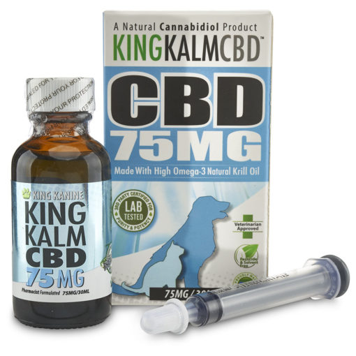 King Calm 75 mg CBD pet tincture with box and syringe